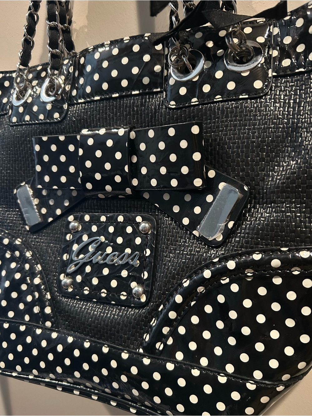 NEVER USED GUESS Black and White Polka Dot Patent Tote with Bow Accent